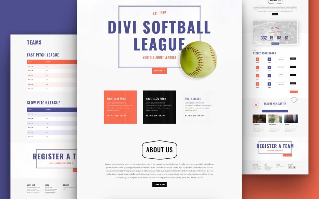 Kostenloses Layout Pack für eine Softball-Liga-Webseite